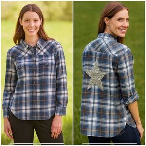 SAGE COTTON FLANNEL SNAP FRONT SHIRT BARNCORE FARMCORE WESTERN SEQUINS STAR S